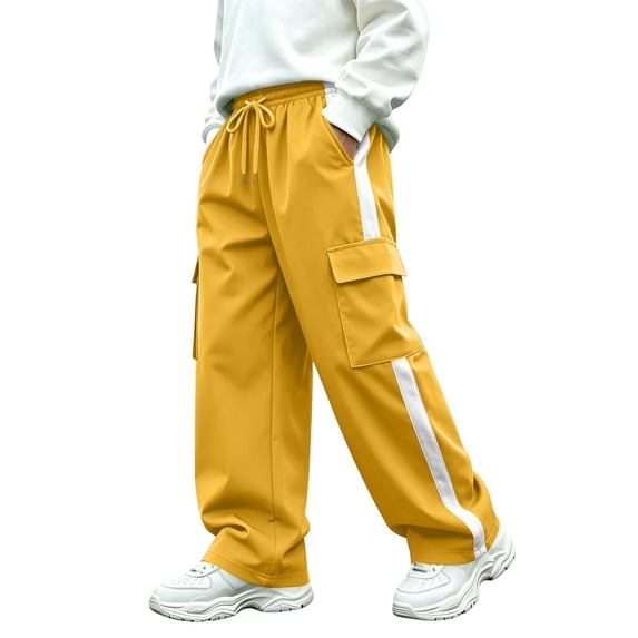 Kids Cargo Pants Boys Casual Side Stripe Wide Leg Elastic Waist Drawstring Trousers with Multi Pockets for Daily Outdoor