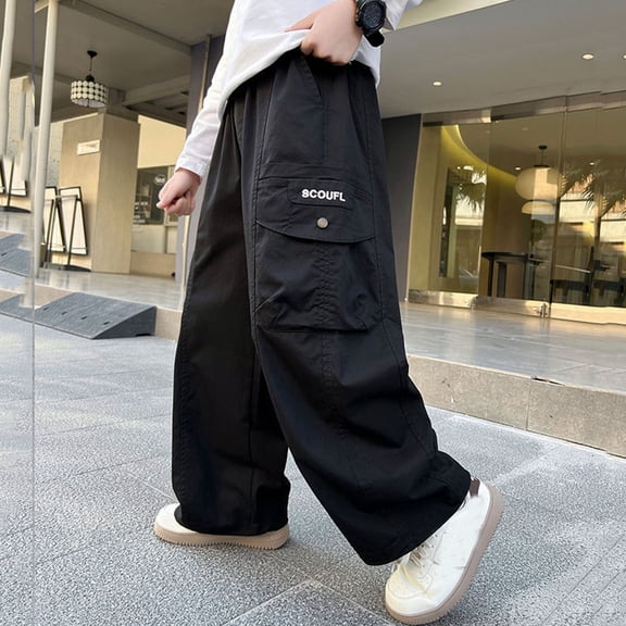Kids Cargo Pants Classic Fit Baggy Pants Kids Elastic High Waisted Black Cargo Pants with Pocket Girls Clothes Size 6-7 Years