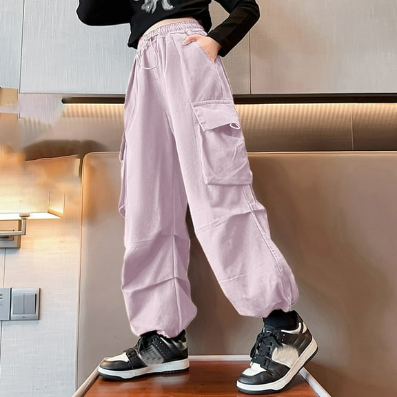 Kids Cargo Pants Classic Jogger Pants for Girls Stretch Elastic Waist Pink Cargo Pants with Pocket Girl Pants Size 13-14 Years