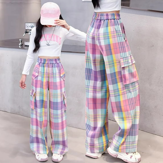 Girls Cargo Pants Colorful Plaid Cargo Pants Lightweight High Waist Wide Leg Pants with Pockets Casual Straight Trendy Clothes for Girls 5-6 Years