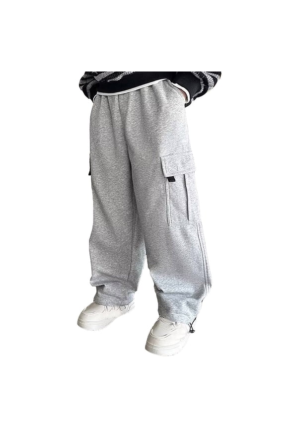 Kids Cargo Pants Elastic Waist Cargo Joggers Loose Grey Pants with Pockets Boys Pants 8-9 Years
