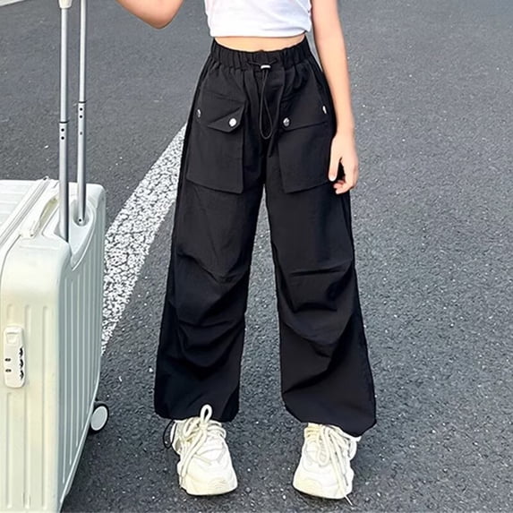Kids Cargo Pants Girls Elastic High Waisted Drawstring Cargo Jogger Pants with Pocket Classic Fit Sports Outdoor Loose Pants Y2k Clothes Kids Hiking Pants 5-6 Years