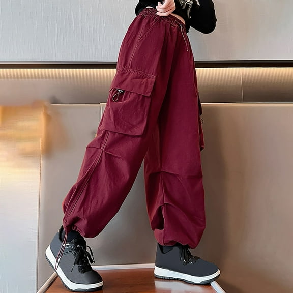 Kids Cargo Pants Girls High Elastic Waisted Drawstring Cargo Joggers With Pocket Classic Fit Overalls Girls Trendy Sports Outdoor Loose Pants Girls Pants Size 12-14