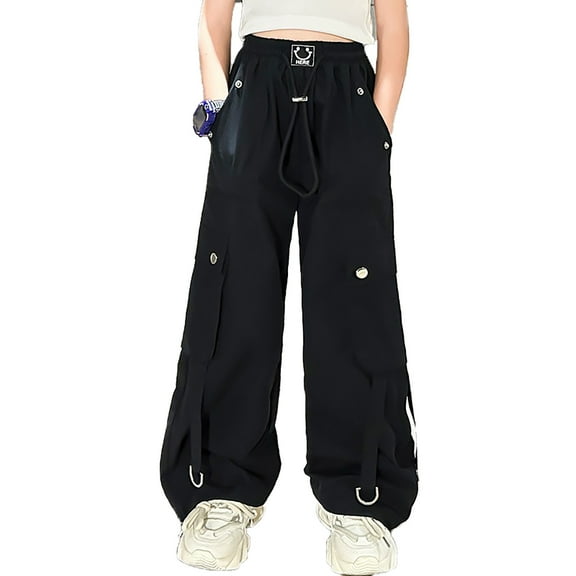 Kids Cargo Pants Loose Fit Baggy Pants Kids Elastic Waist Black Cargo Pants with Pocket Girls Pants Size 8-9 Years