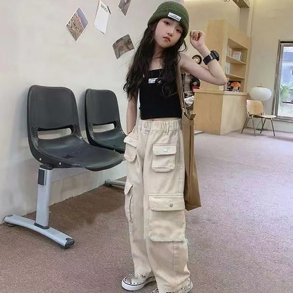 Kids Cargo Pants Loose Fit Baggy Pants Kids Elastic Waist White Cargo with Pockets Kids Clothes Girls Size 7-8 Years