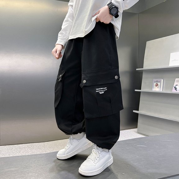 Kids Cargo Pants Relaxed Fit Baggy Pants Kids High Elastic Waisted Black Cargo with Pockets Girls Pants Size 12-13 Years