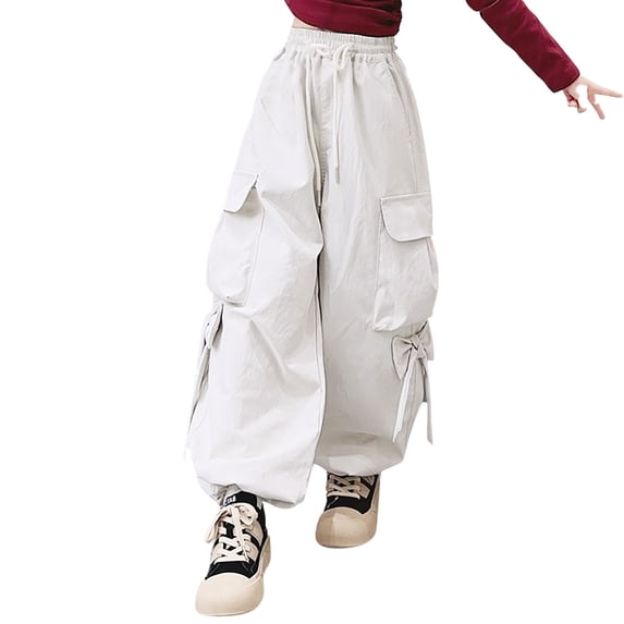 Kids Cargo Pants Slim Fit Baggy Pants Elastic Waist Light Gray Cargo with Pockets Girl Pants Size 8-9 Years