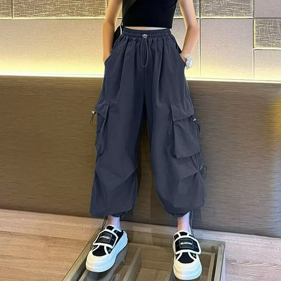 Kids Cargo Pants Slim Fit Cargo Jogger Pants High Elastic Waisted Grey Cargo with Pockets Girl Pants Size 8-9 Years