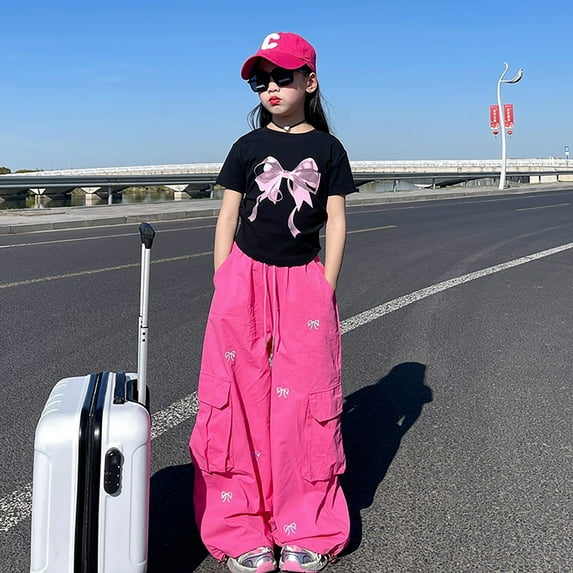 Kids Cargo Pants for Girls Elastic High Waisted Drawstring Hot Pink Jogger Pants for Girls with Pocket Loose Fit Streetwear Girls Trendy 4-5 Years