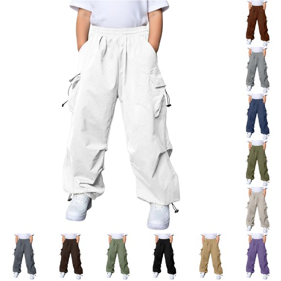 Kids Cargo Pants with Multiple Pockets Relaxed Fit Straight Leg Casual Outdoor Play Trousers for Boys Girls
