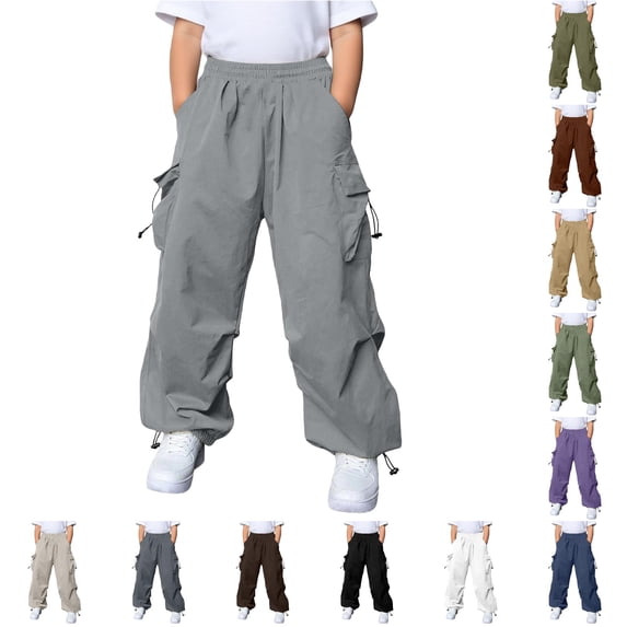 Kids Cargo Pants with Multiple Pockets Relaxed Fit Straight Leg Casual Outdoor Play Trousers for Boys Girls
