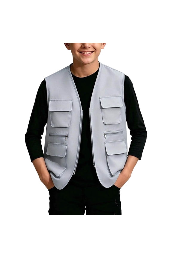 Kids Cargo Vest Utility Fishing Vests Multi Pockets Zip Up Sleeveless Casual Fashion Jacket for Young Boys and Girls Gray 5-6 Years