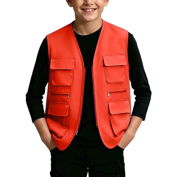 Kids Cargo Vest Utility Fishing Vests Multi Pockets Zip Up Sleeveless Casual Fashion Jacket for Young Boys and Girls Orange 9-10 Years
