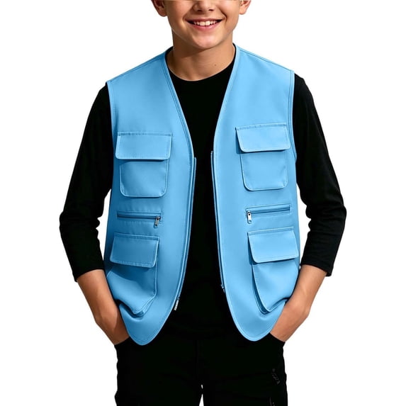 Kids Cargo Vest Utility Fishing Vests Multi Pockets Zip Up Sleeveless Casual Fashion Jacket for Young Boys and Girls Sky Blue 9-10 Years