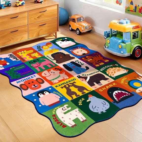 ORGOWEL Kids Carpet Play Mat for Playroom Non-Slip Washable Educational Learning Area Rug Cute Animal Carpet for Classroom,Bedroom,Nursery Room,Blue & Green,3'x5'