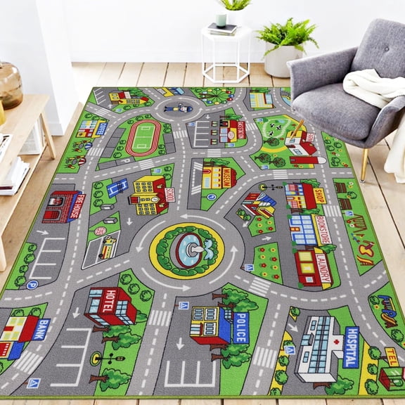Kids Carpet Playmat Area Rug Car Mat Play Rug for Playroom Educational Car Mat Machine Washable Town City Road Traffic Rugs Non-Slip Kids Rug for Bedroom, Living Room,59"x78.7",Green Fountain