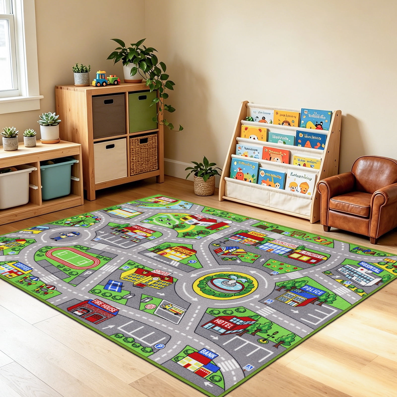 ORGOWEL Kids Carpet Playmat Area Rug Car Mat Play Rug for Playroom Educa tional Car Mat Machine Washable Non-Slip Kids Rug for Bedroom, Living Room,39.4"x63",Green
