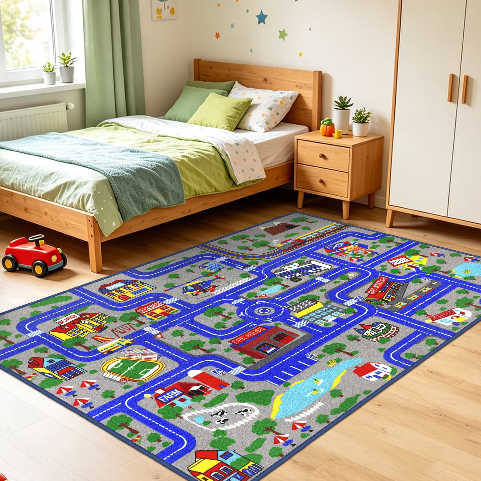 ORGOWEL Kids Carpet Playmat Area Rug Car Mat Play Rug for Playroom Educational Car Mat Machine Washable Non-Slip Kids Rug for Bedroom, Living Room,39.4"x63",Blue