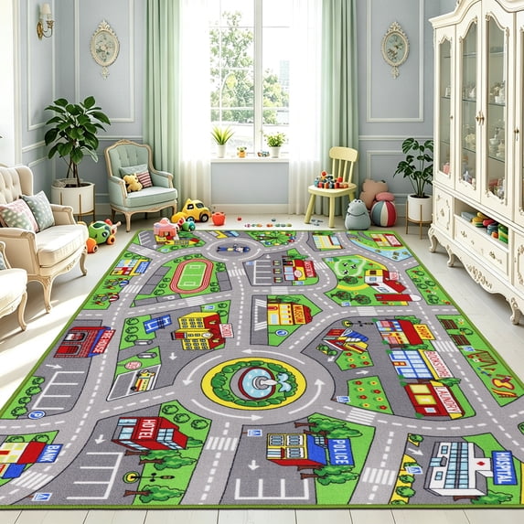 ORGOWEL Kids Carpet Playmat Area Rug Car Mat Play Rug for Playroom Educational Car Mat Machine Washable Non-Slip Kids Rug for Bedroom, Living Room,78.7"x118",Green