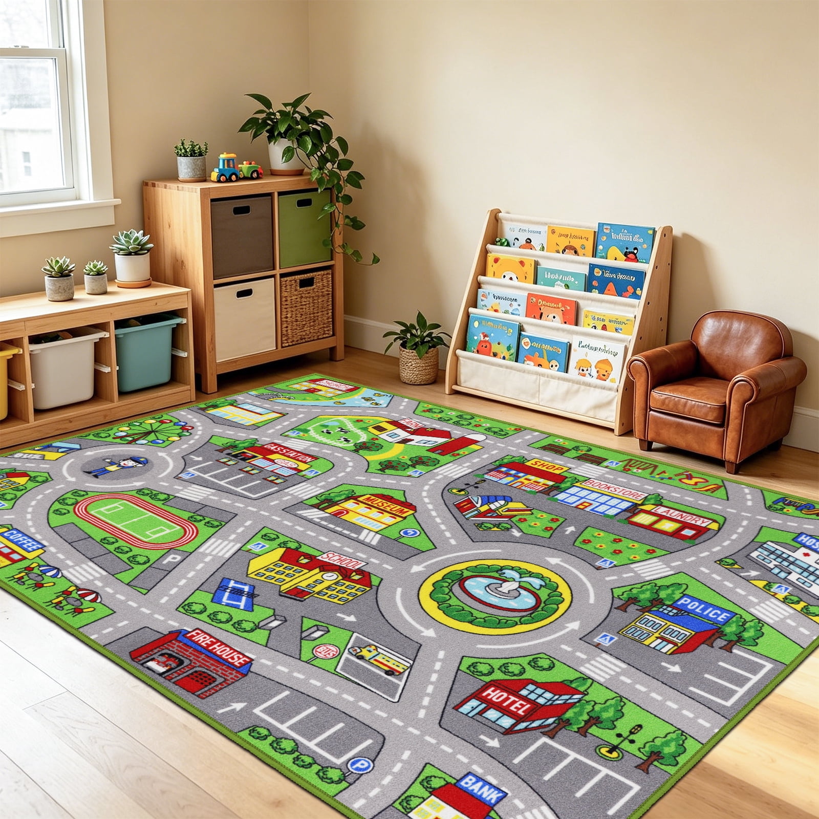ORGOWEL Kids Carpet Playmat Area Rug Car Mat Play Rug for Playroom Educational Car Mat Machine Washable Non-Slip Kids Rug for Bedroom, Living Room,59"x78.7",Green