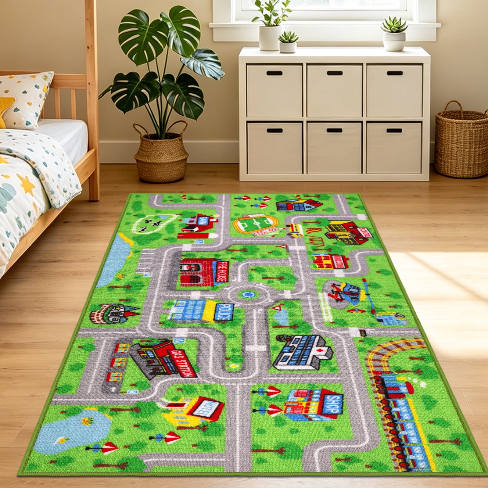 ORGOWEL Kids Carpet Playmat Rug Traffic Road City Map Educational Non-Slip Game Mat for Playroom Bedroom Baby Toddler Children,Green,31.5"x59"