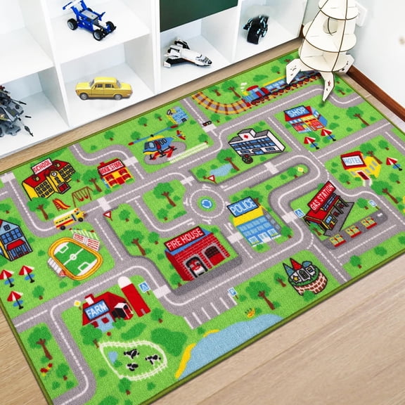 Kids Carpet Playmat Rug 31.5"x59" Traffic Road Kid Play Car Mat Non-Slip Children Educational Game Car Mat Area Rug for Playroom Bedroom,Large Town City Road Map Car Mat for Kid Baby Children,Green