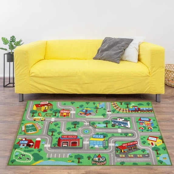 ORGOWEL Kids Carpet Playmat Rug 39.4"x63" Traffic Road Kid Play Car Mat Non-Slip Children Educational Area Rug Large Town City Road Map Car Mat for Playroom Bedroom,Green