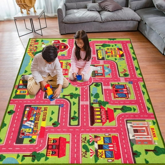 Kids Carpet Playmat Rug 59"x39.4", Car Rug for Kids Cars, Non-Slip Town City Road Map Kids Rug for Playroom Bedroom Boys, Kids Car Mat Road Rug, Track Rug Car Play Rug for Kids (59X39.4 INCH-Pink)