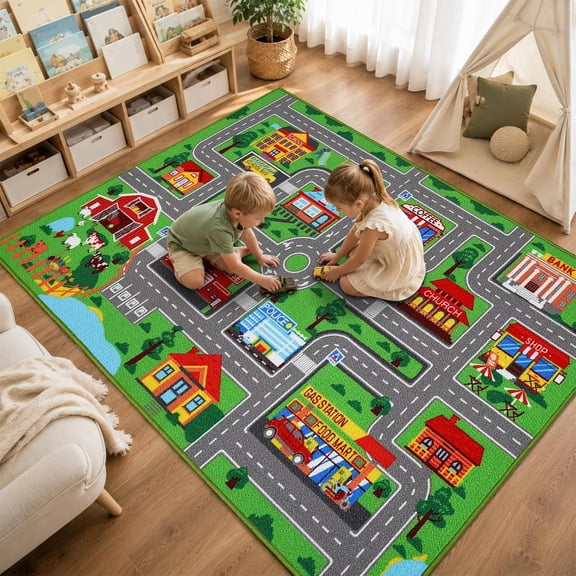 Kids Carpet Playmat Rug5'x3'3, Car Rug for Kids Cars, Non-Slip Town City Road Map Kids Rug for Playroom Bedroom Boys, Kids Car Mat Road Rug, Track Rug Car Play Rug for Kids