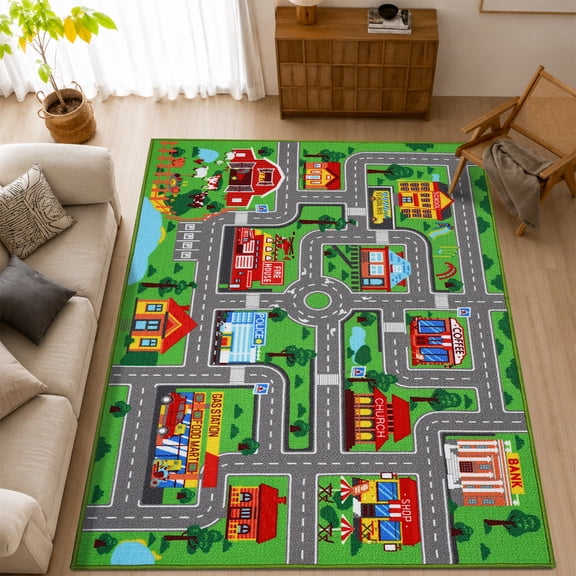 Kids Carpet Playmat Rug5'x3'3, Car Rug for Kids Cars, Non-Slip Town City Road Map Kids Rug for Playroom Bedroom Boys, Kids Car Mat Road Rug, Track Rug Car Play Rug for Kids