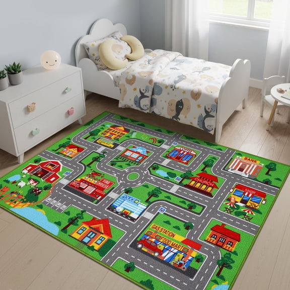 Kids Carpet Playmat Rug 59"x39.4", City Road Map Car Play Mat for Bedroom Playroom