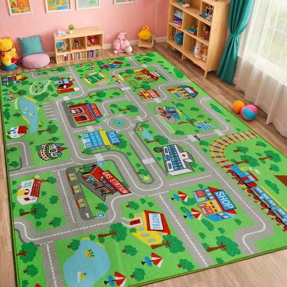 ORGOWEL Kids Carpet Playmat Rug 59"x78.7" Traffic Road Kid Play Car Mat Non-Slip Children Educational Game Car Mat Area Rug for Playroom Bedroom,Large Town City Road Map Car Mat for Baby,Green