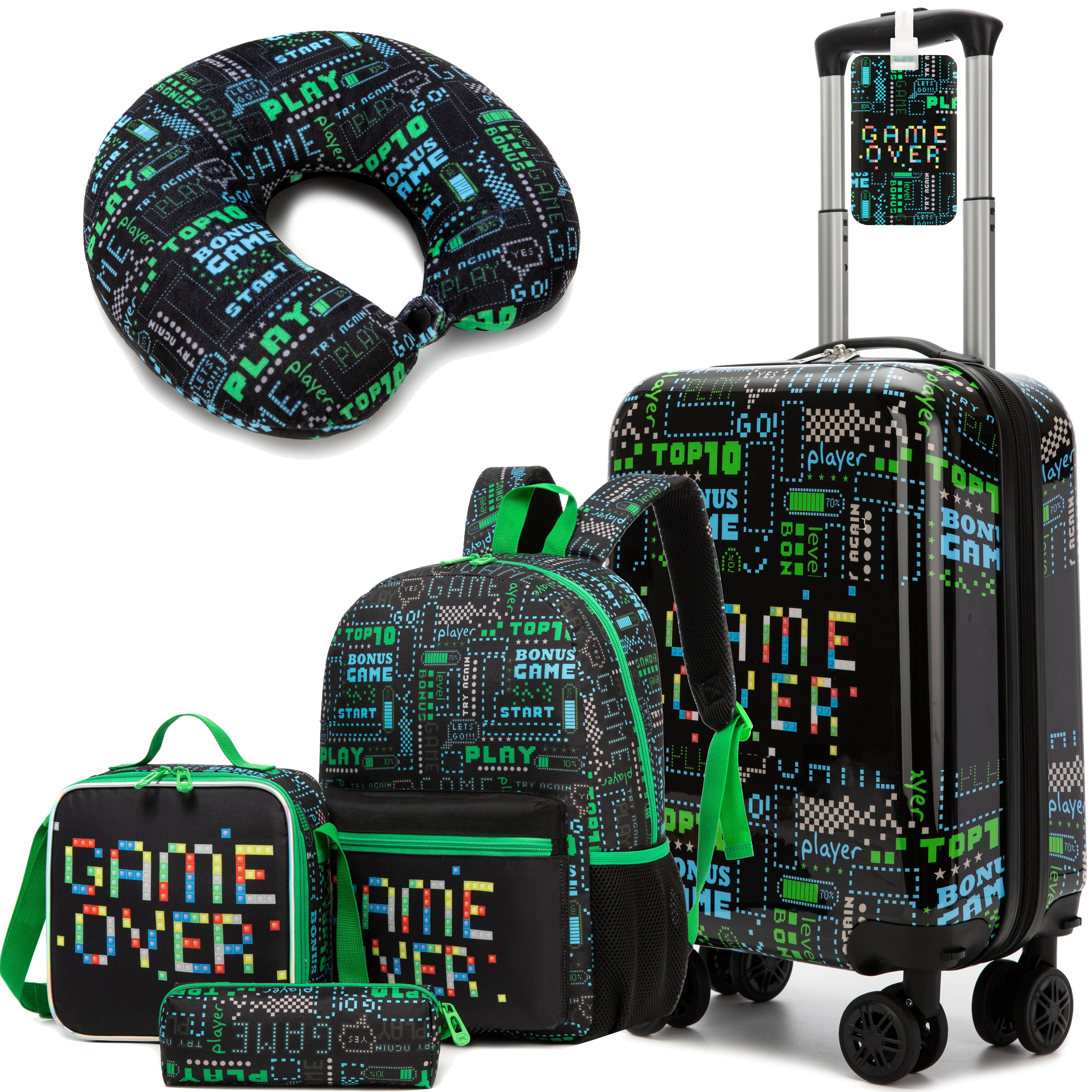 Kids Carry on Luggage Sets for Boys Hardshell Suitcases with Wheels Toddler Backpack for School Travel Essentials Travel Pillow Airline Approved 16 inch