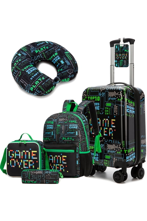 Kids Carry on Luggage Sets for Boys Hardshell Suitcases with Wheels Toddler Backpack for School Travel Essentials Travel Pillow Airline Approved 16 inch