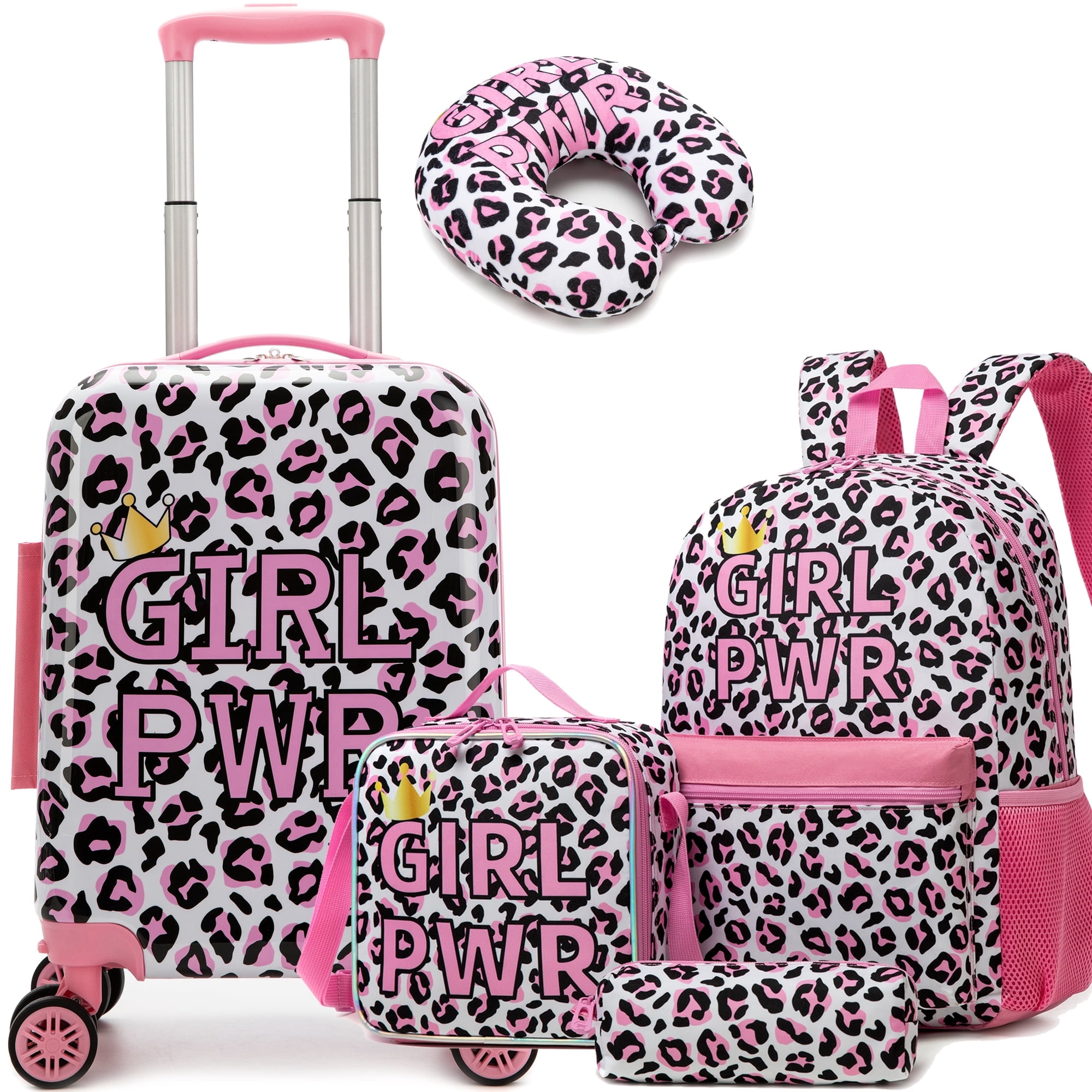 Kids Carry on Luggage Sets for Girls with Travel Neck Pillow School Backpack,Pink Suitcases with Wheels Hardshell Suitcase Set Airline Approved 16 Inch