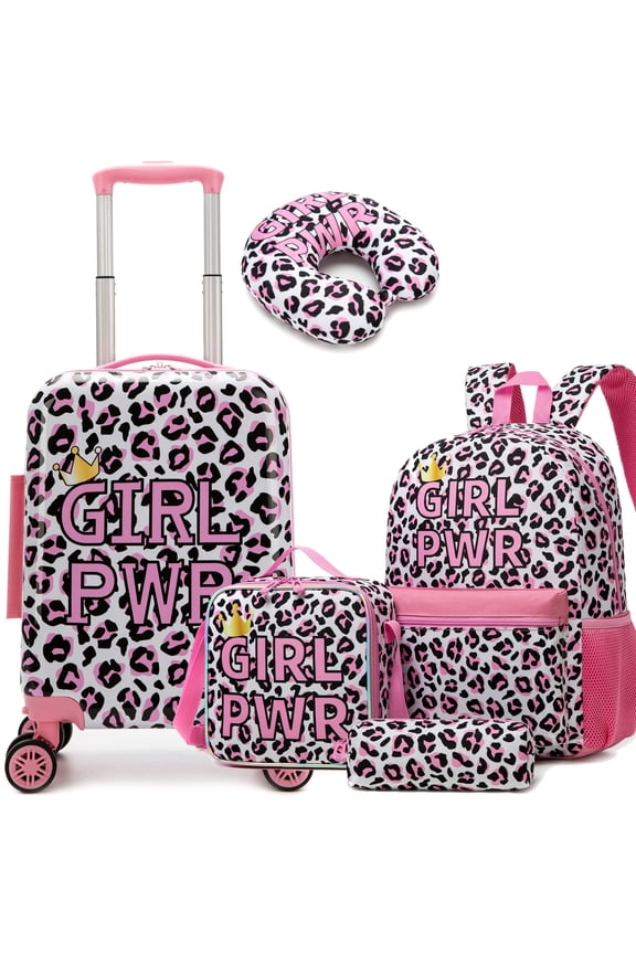 Kids Carry on Luggage Sets for Girls with Travel Neck Pillow School Backpack,Pink Suitcases with Wheels Hardshell Suitcase Set Airline Approved 16 Inch