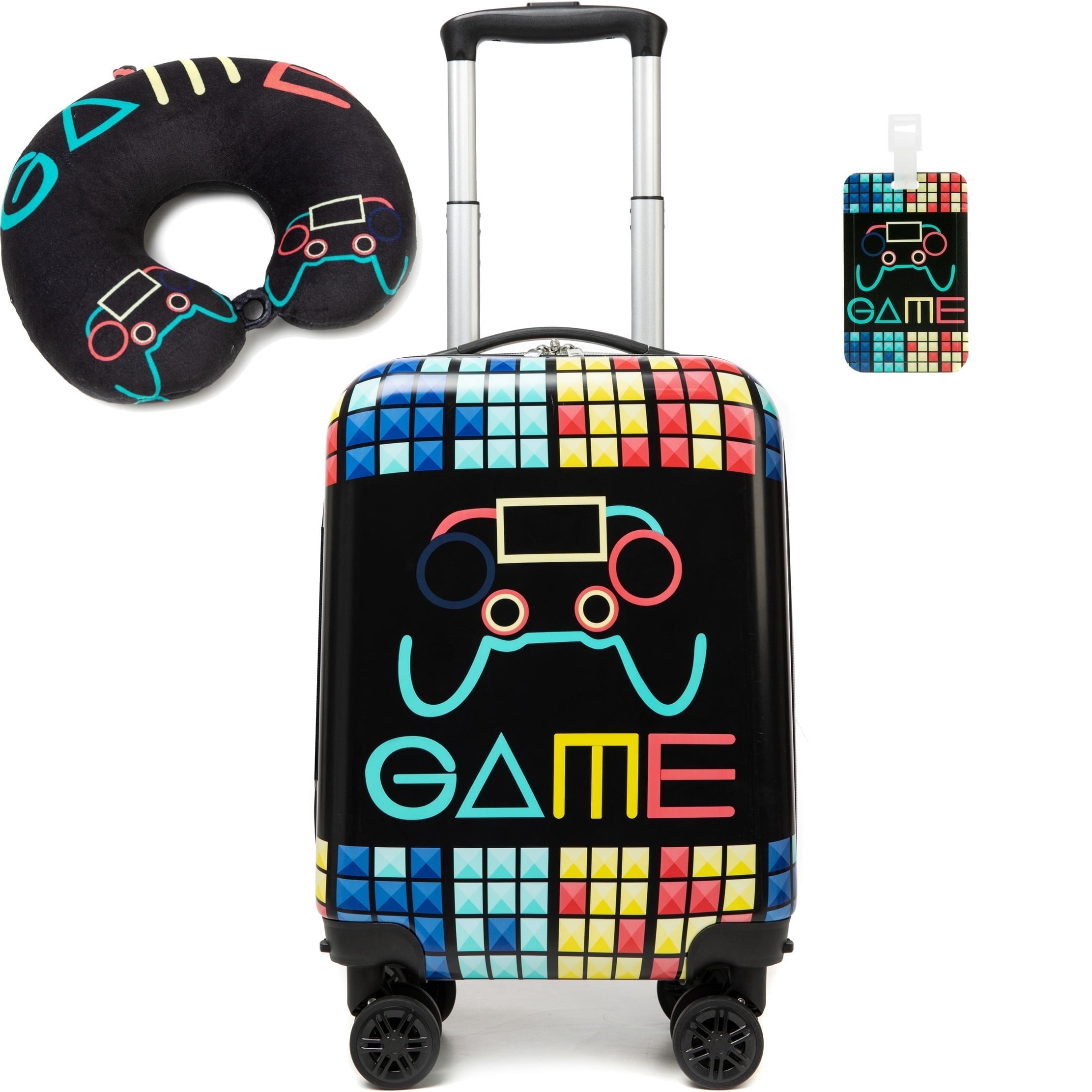 Kids Carry on Luggage Sets with Neck Pillow Airplane Small Hardshell Kids' Suitcases for Boys with Wheels Travel Essentials for Kids 16 Inch Black Suitcase