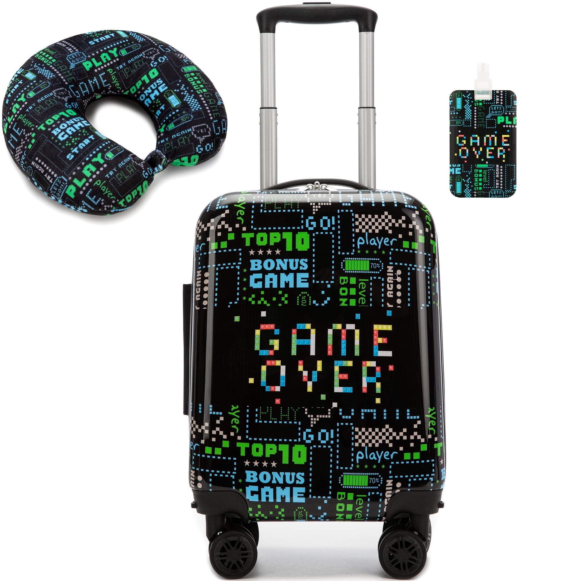 Kids Carry on Luggage Sets 2 Piece with Neck Pillow Airplane Suitcases for Boys with Wheels Hardshell Airline Approved 16 Inch