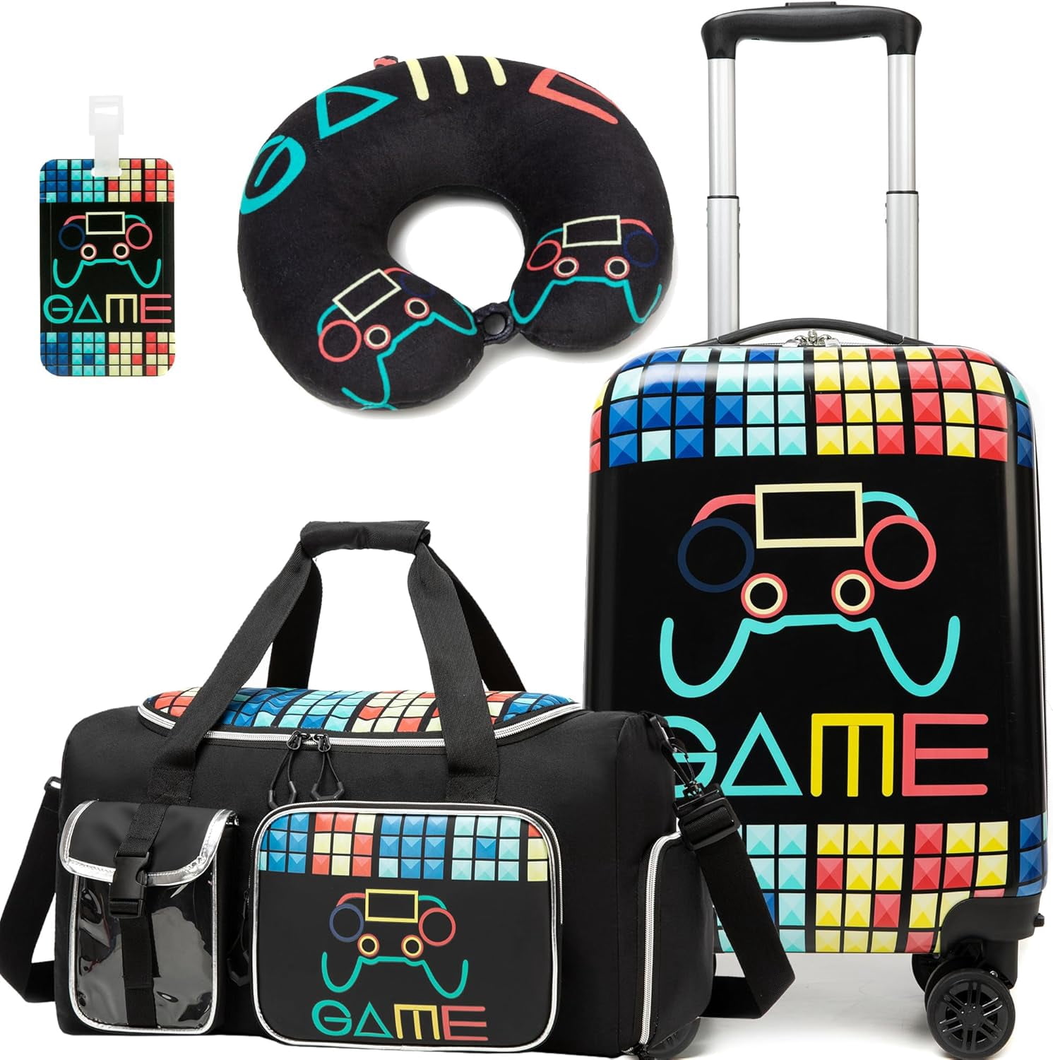 Kids Carry on Luggage Sets Hardshell Suitcases for Boys with Wheels Rolling Suitcase with Duffle Bag for Travel Neck Pillow
