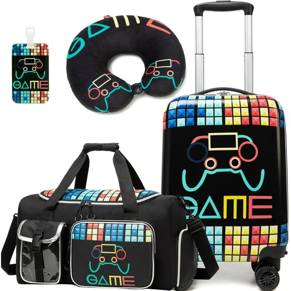 Kids Carry on Luggage Sets Hardshell Suitcases for Boys with Wheels Rolling Suitcase with Duffle Bag for Travel Neck Pillow