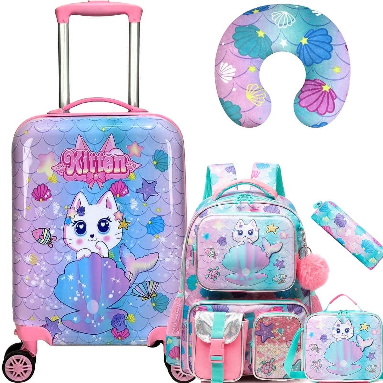 Kids Carry on Luggage Sets Rolling Pink Suitcases with Wheels with Travel Pillow Backpack Lunch Box 5 In 1 for Toddlers Travel