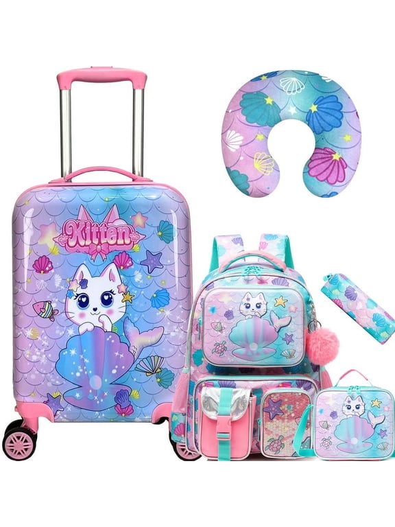 Kids Carry on Luggage Sets Rolling Pink Suitcases with Wheels with Travel Pillow Backpack Lunch Box 5 In 1 for Toddlers Travel