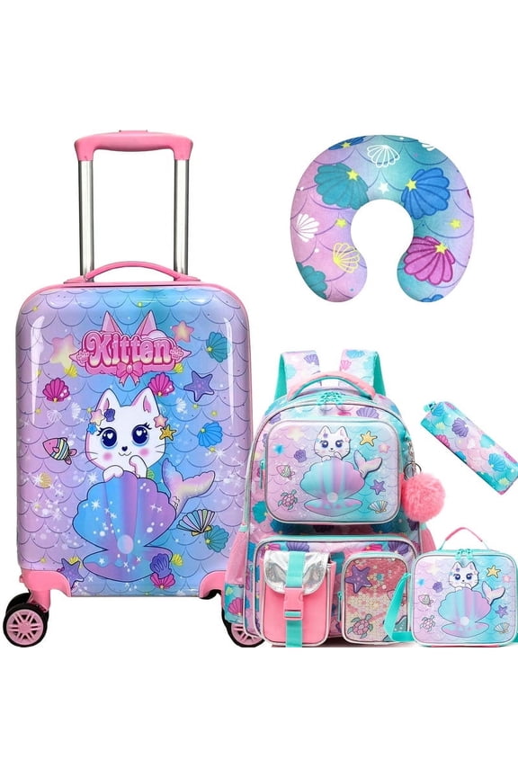 Kids Carry on Luggage Sets Rolling Pink Suitcases with Wheels with Travel Pillow Backpack Lunch Box 5 In 1 for Toddlers Travel