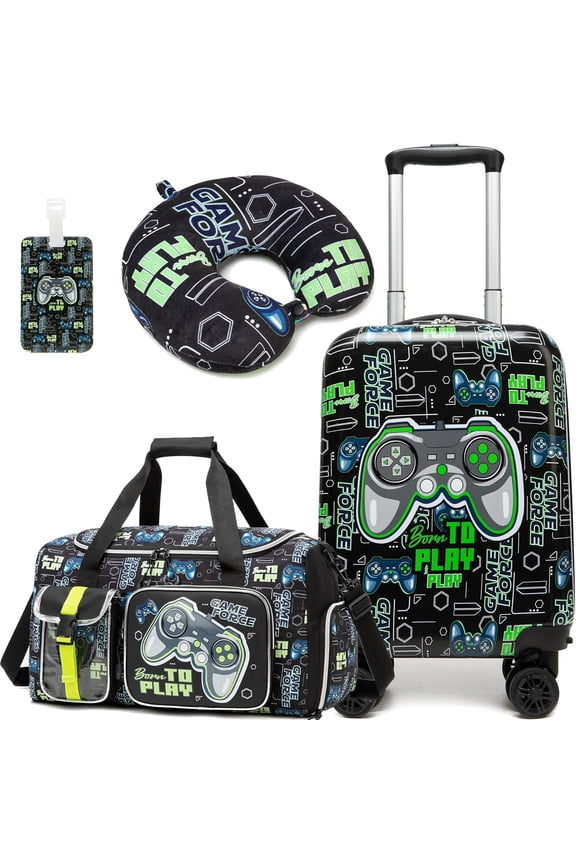 Kids Carry on Luggage Sets Rolling Suitcases for Boys with Wheels Hardshell Suitcase with Duffle Bag for Travel Neck Pillow Airplane