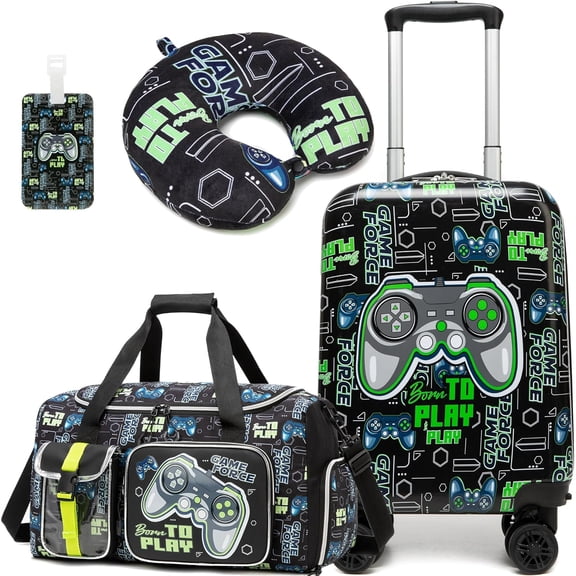 Kids Carry on Luggage Sets Rolling Suitcases for Boys with Wheels Hardshell Suitcase with Duffle Bag for Travel Neck Pillow Airplane