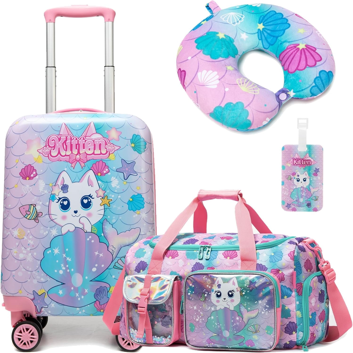 Kids Carry on Luggage Sets Rolling Suitcases for Girls with Wheels Hardshell Pink Suitcase with Duffle Bag for Travel Neck Pillow Airplane