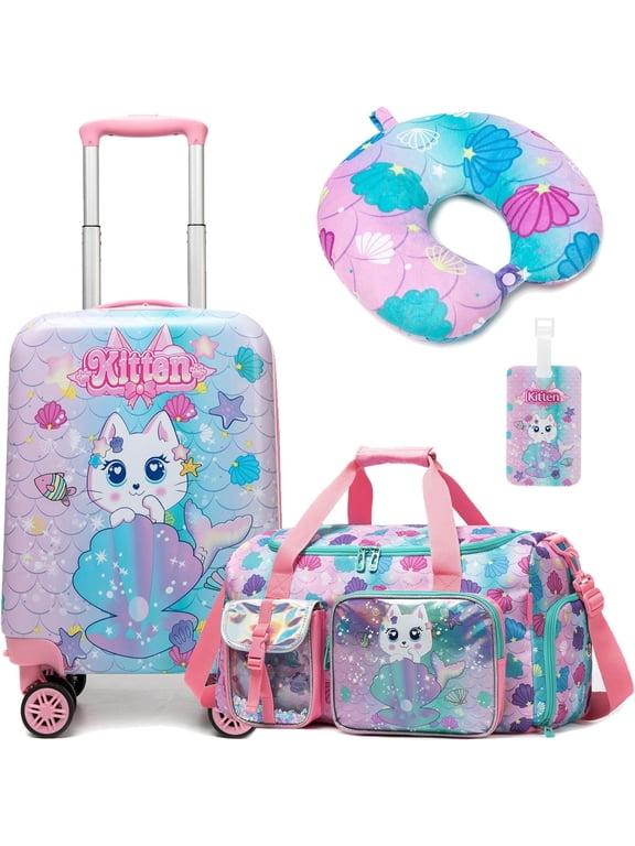Kids Carry on Luggage Sets Rolling Suitcases for Girls with Wheels Hardshell Pink Suitcase with Duffle Bag for Travel Neck Pillow Airplane
