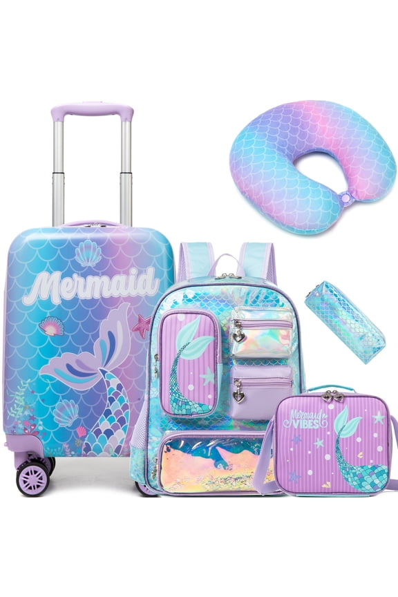 Kids Carry on Luggage Sets Travel Essentials with Travel Pillow School Bag ,Rolling Suitcase with Wheels Airline Approved 16 Inch