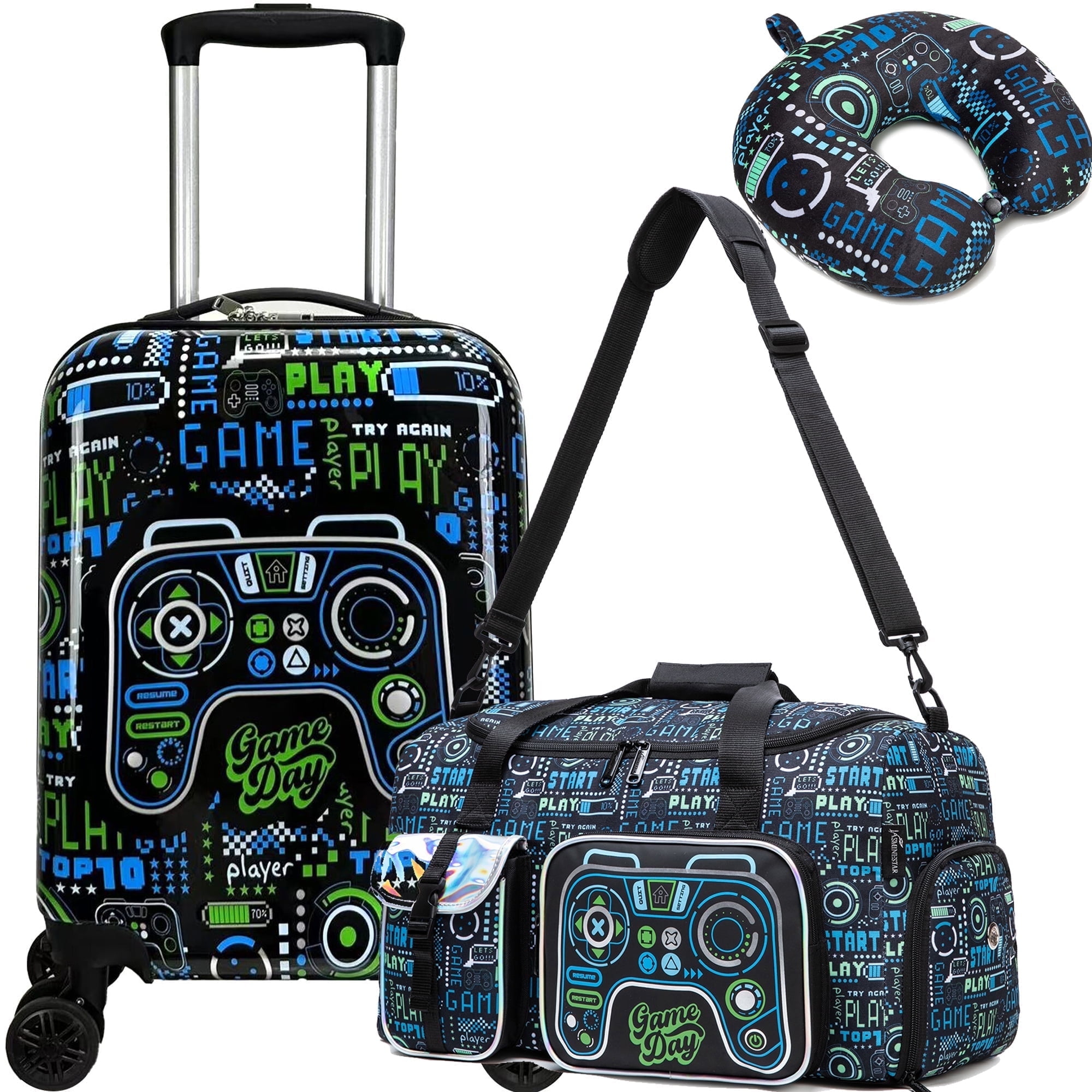 Kids Carry on Luggage Sets for Boys Suitcases with Wheels Hardshell Travel Essentials with Travel Pillow Duffle Bag 16 Inch