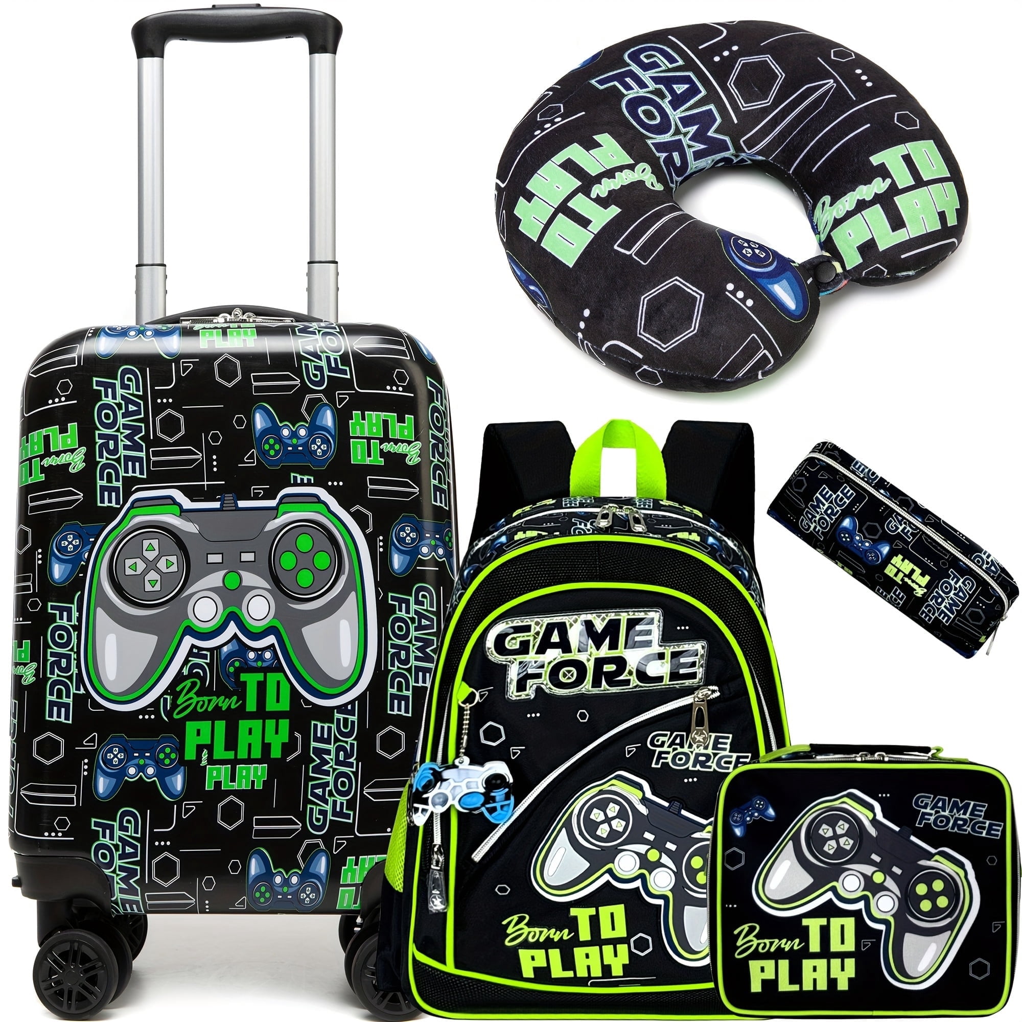 Kids Carry on Luggage Sets for Boys with Travel Pillow Rolling Suitcase with Wheels Hardshell Toddler Travel Essential Set of 5